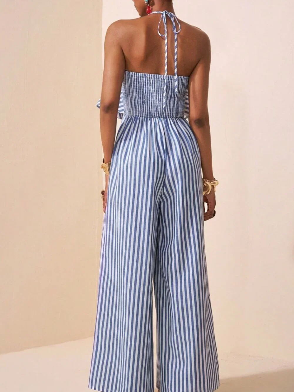 Blue And White Casual Women's Sleeveless Striped Ruffle Decor Jumpsuit